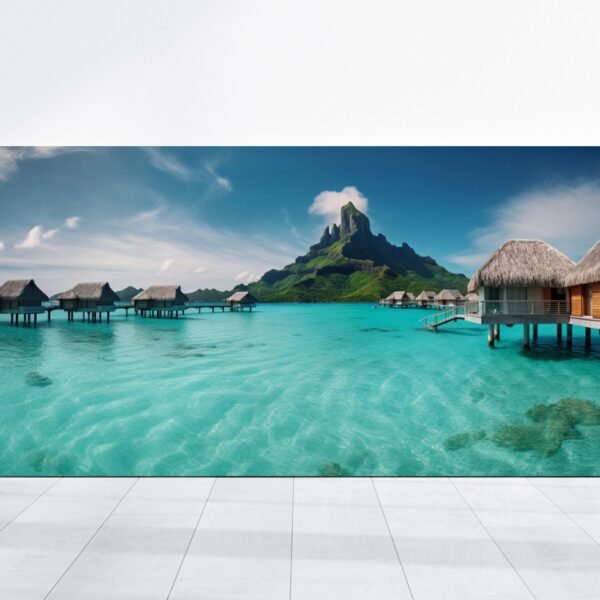 Bora Bora Landscape, Tropical Island Print with Blue Sky, Bora Bora Wall Art Beaches Decor, Island Painting Picture Canvas, Ocean Landscape