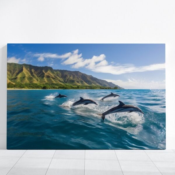 Dolphin Art, Dolphins Swimming in Ocean Painting, HD Dolphins Landscape, Hawaii Beach Mountains Landscape, Group of Dolphins Canvas Wall Art