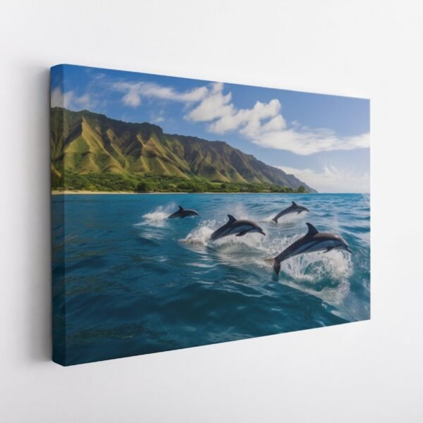 Dolphin Art, Dolphins Swimming in Ocean Painting, HD Dolphins Landscape, Hawaii Beach Mountains Landscape, Group of Dolphins Canvas Wall Art
