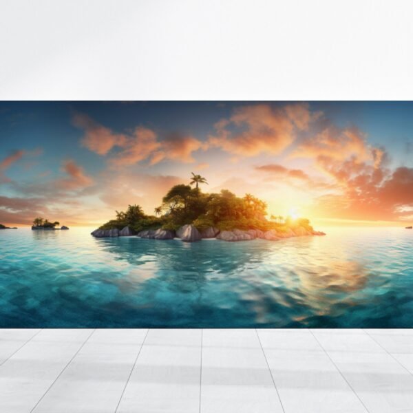 Island Art Tropical Beach Sunset Painting Landscape Wall Art Decor, Hawaii Ocean Florida Coast, Scenic Mountain Horizon Backdrop