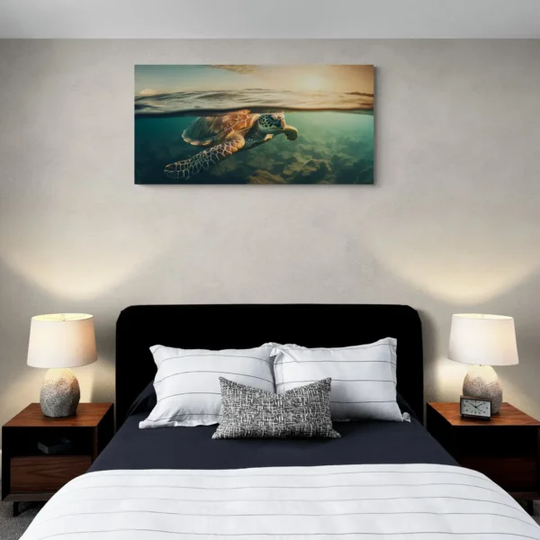 Sea Turtle Animal Picture Photo Swimming Ocean Painting Wall Art, Sunset Coral Reef Green Blue Colorful, Poster or Stretched Canvas