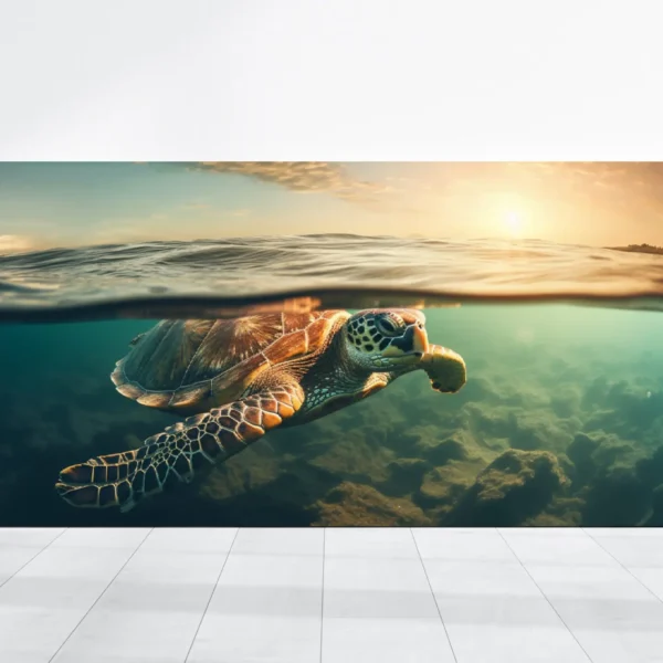 Sea Turtle Animal Picture Photo Swimming Ocean Painting Wall Art, Sunset Coral Reef Green Blue Colorful, Poster or Stretched Canvas