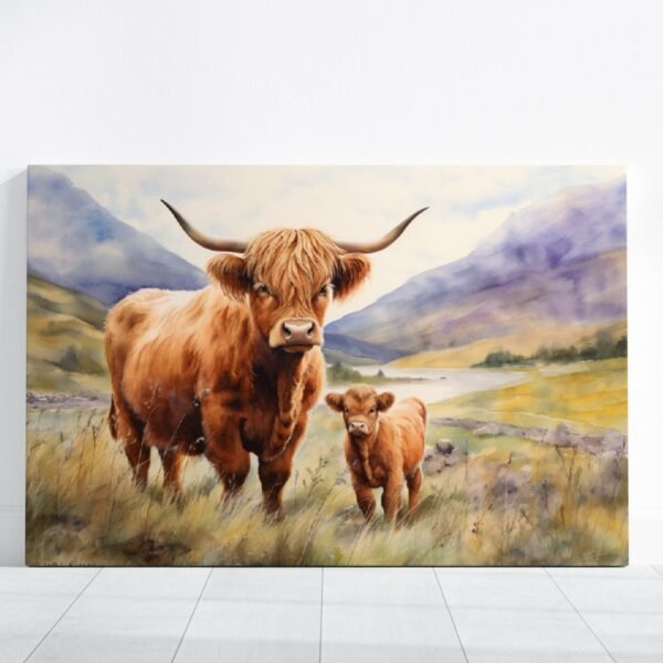 Highland Cow Painting, Baby Calf Farmhouse Decor Country Canvas Wall Art, Brown Cow Rustic Wall Decor, Animals Painting Scottish Wall Art