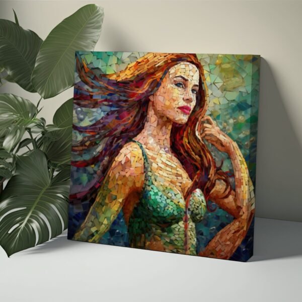 Mermaid Art Decor Canvas Painting, Mystical Sea Creature Picture, Mosaic HD Colorful Vibrant Rainbow Print, Ocean Home Decor Wall Art