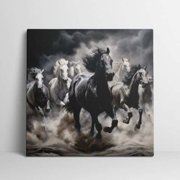 Horse Painting Wall Art, Wild Horses Canvas Wildlife Animals Photography Decor, Beautiful Black White Brown Herd Landscape Watercolor Print