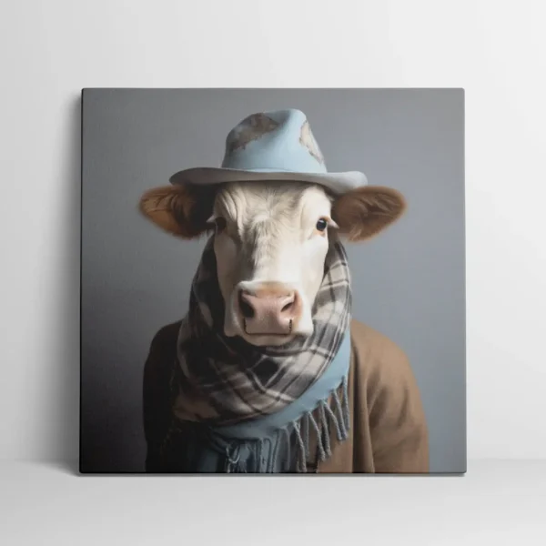 Funny Cow Picture, Cheerful Rustic Farmhouse Country Animal Cow in Disguise Canvas Print Wall Art Painting Photo Home Decor
