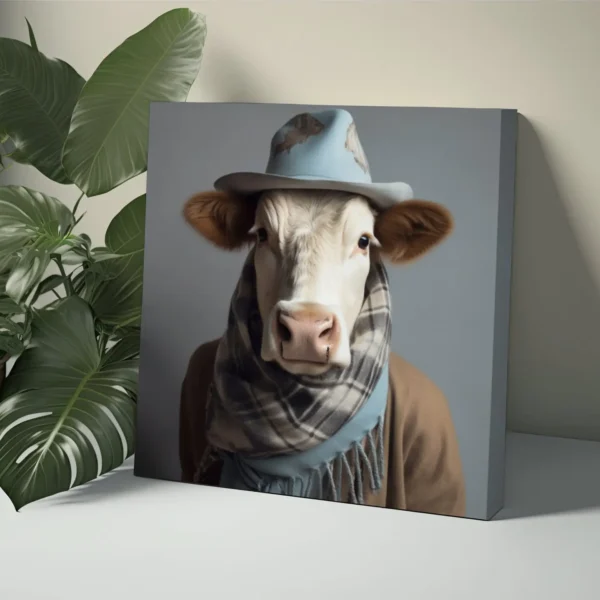 Funny Cow Picture, Cheerful Rustic Farmhouse Country Animal Cow in Disguise Canvas Print Wall Art Painting Photo Home Decor