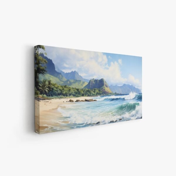 Hawaii Beach Ocean Painting, Hawaii Watercolor Painting Landscape Print Canvas Stretched Large Wall Art Decor, Sea Beach Palm Trees Kauai