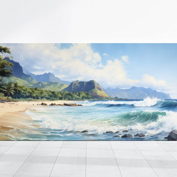 Hawaii Beach Ocean Painting, Hawaii Watercolor Painting Landscape Print Canvas Stretched Large Wall Art Decor, Sea Beach Palm Trees Kauai