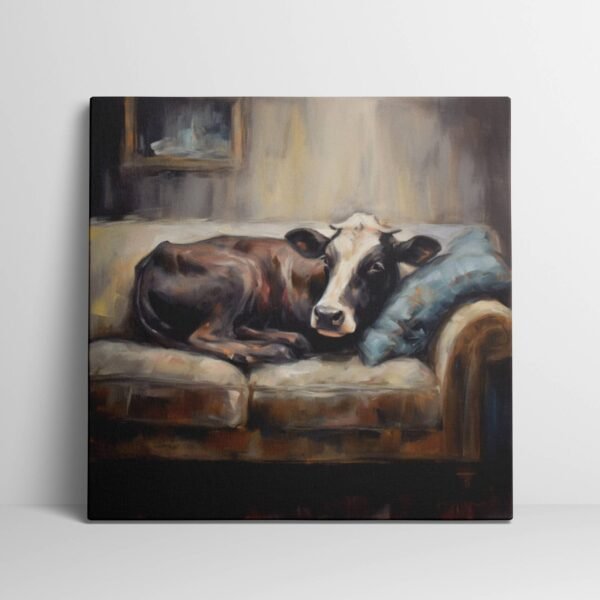 Cow Art Print, Farmhouse Decor, Cow Sitting on Couch Painting, Cow Canvas Wall Art, Vintage Antique Animal Framed Print, Country Portrait