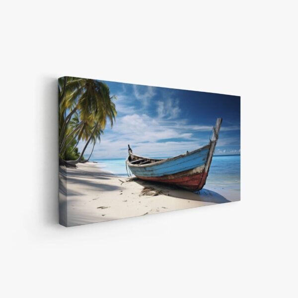 Fishing Row Boat Beach Canvas Wall Art, Nautical Themed Photo Print, Palm Trees Blue Ocean HD Home Decor, Relaxing Bathroom Seascapes decor