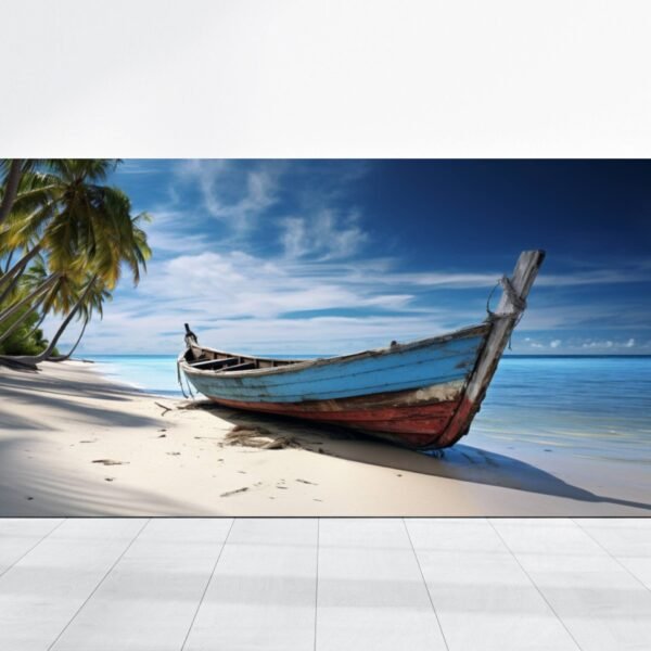 Fishing Row Boat Beach Canvas Wall Art, Nautical Themed Photo Print, Palm Trees Blue Ocean HD Home Decor, Relaxing Bathroom Seascapes decor