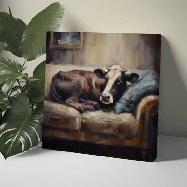 Cow Art Print, Farmhouse Decor, Cow Sitting on Couch Painting, Cow Canvas Wall Art, Vintage Antique Animal Framed Print, Country Portrait