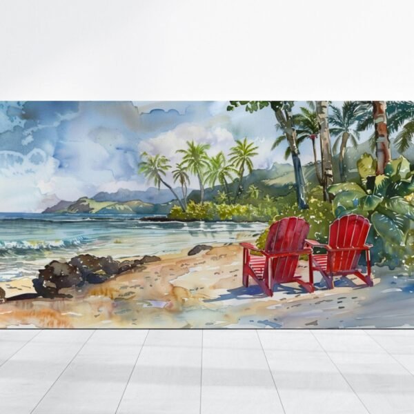 Hawaii Beach Relaxation Art, Chairs on Beach Watercolor Painting, Vintage Ocean Print, Calming Peaceful Seaside Canvas, Tropical Landscape