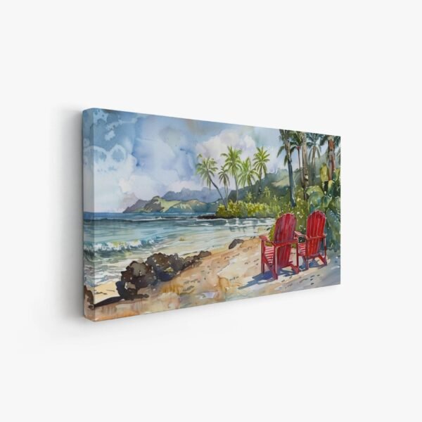 Hawaii Beach Relaxation Art, Chairs on Beach Watercolor Painting, Vintage Ocean Print, Calming Peaceful Seaside Canvas, Tropical Landscape