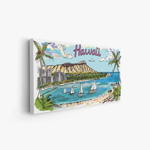 Hawaii Painting, Hawaii Cartoon Illustration, Hawaii Drawing Cityscape Mountains Beaches, Hawaii Watercolor Hand Drawn, Honolulu Map Poster