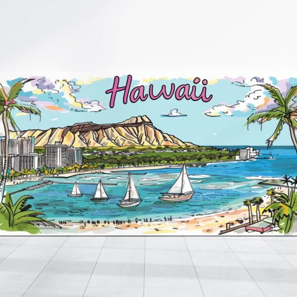 Hawaii Painting, Hawaii Cartoon Illustration, Hawaii Drawing Cityscape Mountains Beaches, Hawaii Watercolor Hand Drawn, Honolulu Map Poster