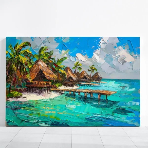 Bora Bora Oil Painting, Bora Bora Beach Landscape, Palm Trees Tiki Hut Wall Art, Bora Bora Travel Gifts, French Polynesia Islands Painting