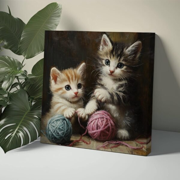 Kittens Painting, Cute Kittens, Kittens Playing with Yarn, Vintage Kitten Art, Pet Cat Painting, Antique Baby Kittens Art Nursery Decor