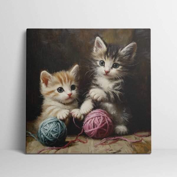 Kittens Painting, Cute Kittens, Kittens Playing with Yarn, Vintage Kitten Art, Pet Cat Painting, Antique Baby Kittens Art Nursery Decor