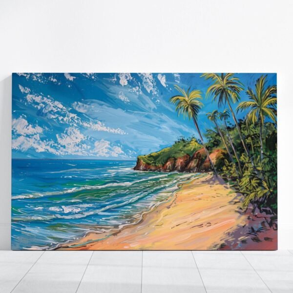 Tropical Beach Oil Painting, Coastal Landscape Wall Art with Palm Trees, Ocean Waves, Sandy Shoreline, Sunny Beach Vibes Canvas Large Print