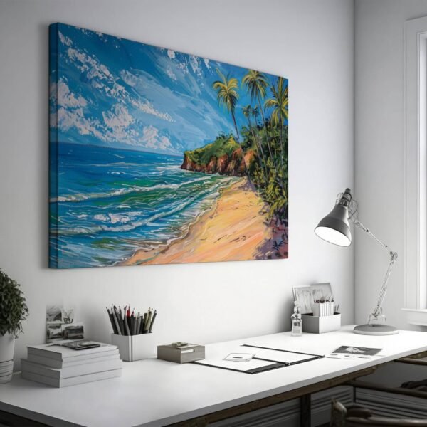 Tropical Beach Oil Painting, Coastal Landscape Wall Art with Palm Trees, Ocean Waves, Sandy Shoreline, Sunny Beach Vibes Canvas Large Print