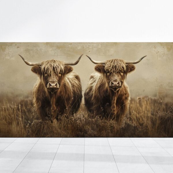 Highland Cow Canvas, Vintage Rustic Field Wall Art, Scottish Highlands Cow Animal Painting, Countryside Farmhouse Decor, Farm Animals Print