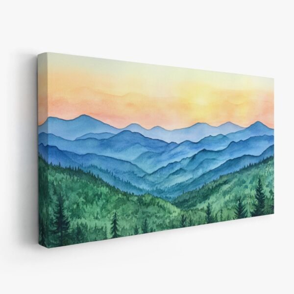 Blue Ridge Mountains Painting, Appalachian Mountains Sunset Watercolor Painting, Landscape Forest Nature Decor Wall Art, Peaceful Canvas
