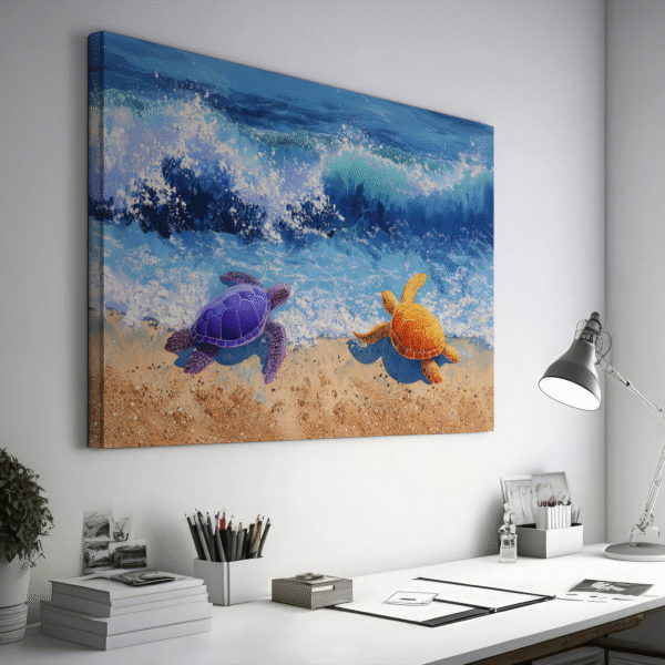Colorful Sea Turtles Beach Painting, Purple Orange Ocean Blue Waves, Coastal Animal Print, Marine Life Decor, Vibrant Rainbow Nature Poster