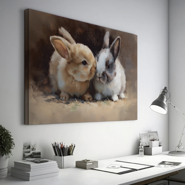 Bunnies Snuggling Painting, Cuddling Rabbits Canvas, Nursery Newborn Wall Art Decor, Farmhouse Animal Print, Fluffy Pet Rabbit Rustic Poster