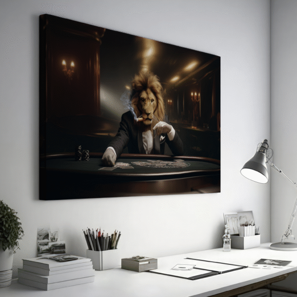 Lion Boss, Lion Dealer in Tuxedo Suit Smoking Cigar, Man Cave Decor, The King of Cards, Poker Casino Canvas, King of the Jungle Card Dealer