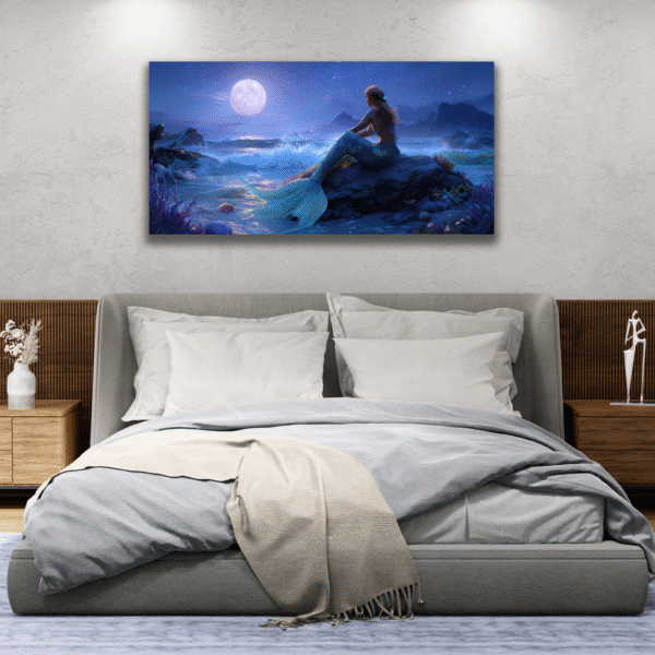 Mermaid Decor, Colorful Mermaid Art Large Canvas, Majestic Creature Fantasy Art Print, Ocean Beauty, Moonlit Mystical Sea Siren Drawing