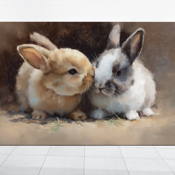 Bunnies Snuggling Painting, Cuddling Rabbits Canvas, Nursery Newborn Wall Art Decor, Farmhouse Animal Print, Fluffy Pet Rabbit Rustic Poster