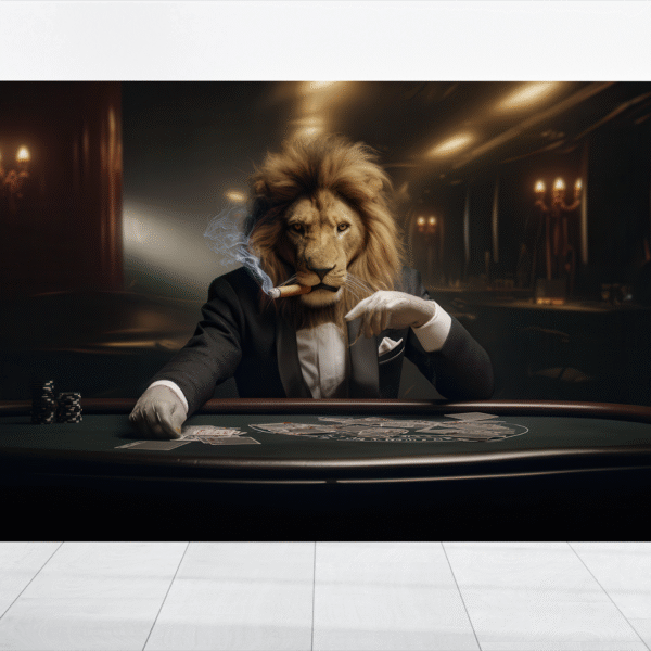 Lion Boss, Lion Dealer in Tuxedo Suit Smoking Cigar, Man Cave Decor, The King of Cards, Poker Casino Canvas, King of the Jungle Card Dealer
