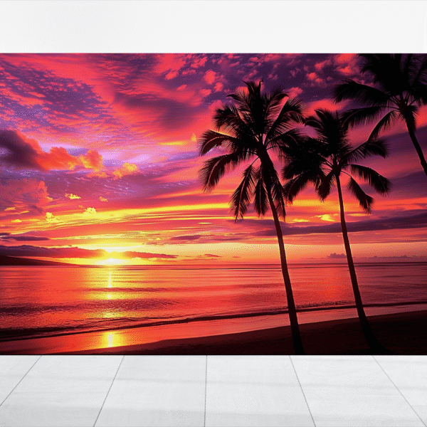 Hawaiian Sunset Wall Art, Tropical Palm Tree Beach Print, Pink Orange Skies, Vibrant Ocean Sunset Canvas, Colorful Seascape Coastal Photo