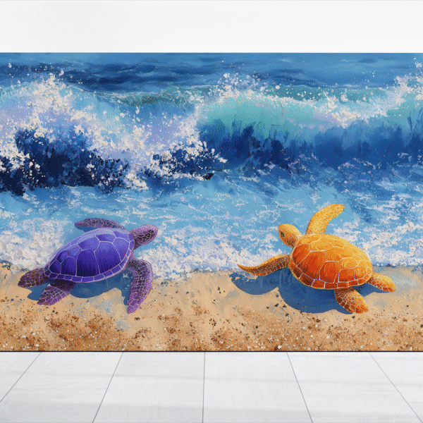 Colorful Sea Turtles Beach Painting, Purple Orange Ocean Blue Waves, Coastal Animal Print, Marine Life Decor, Vibrant Rainbow Nature Poster