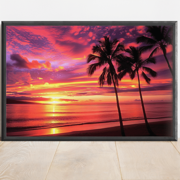 Hawaiian Sunset Wall Art, Tropical Palm Tree Beach Print, Pink Orange Skies, Vibrant Ocean Sunset Canvas, Colorful Seascape Coastal Photo