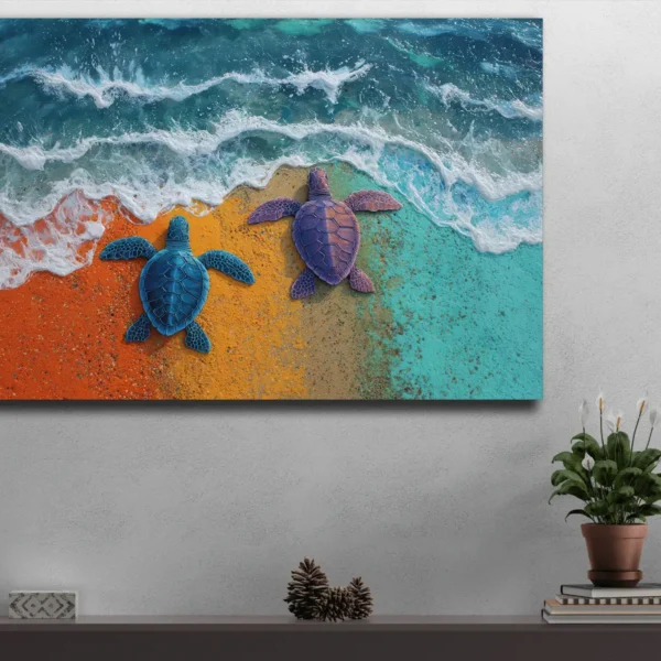 Colorful Turtle Art, Sea Turtles Ocean Painting, Rainbow Seaside Waves, Turtles on Beach, Hawaiian Beach Print, Vibrant Coastal Canvas