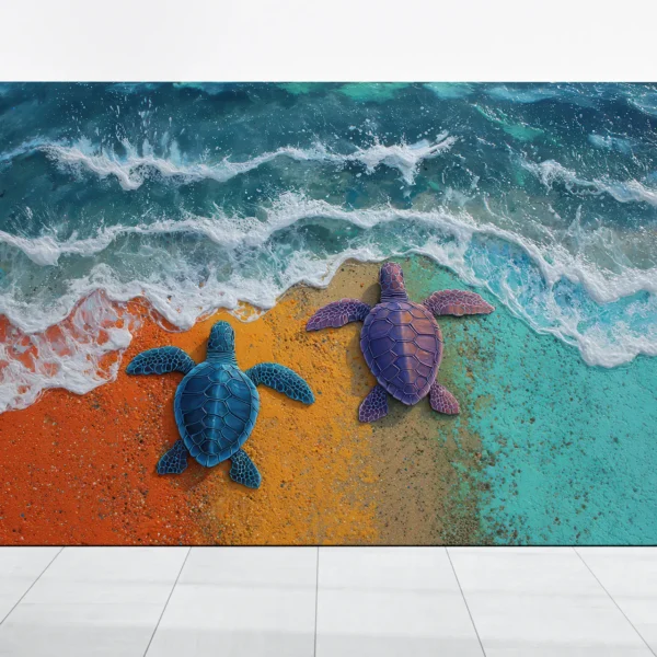 Colorful Turtle Art, Sea Turtles Ocean Painting, Rainbow Seaside Waves, Turtles on Beach, Hawaiian Beach Print, Vibrant Coastal Canvas