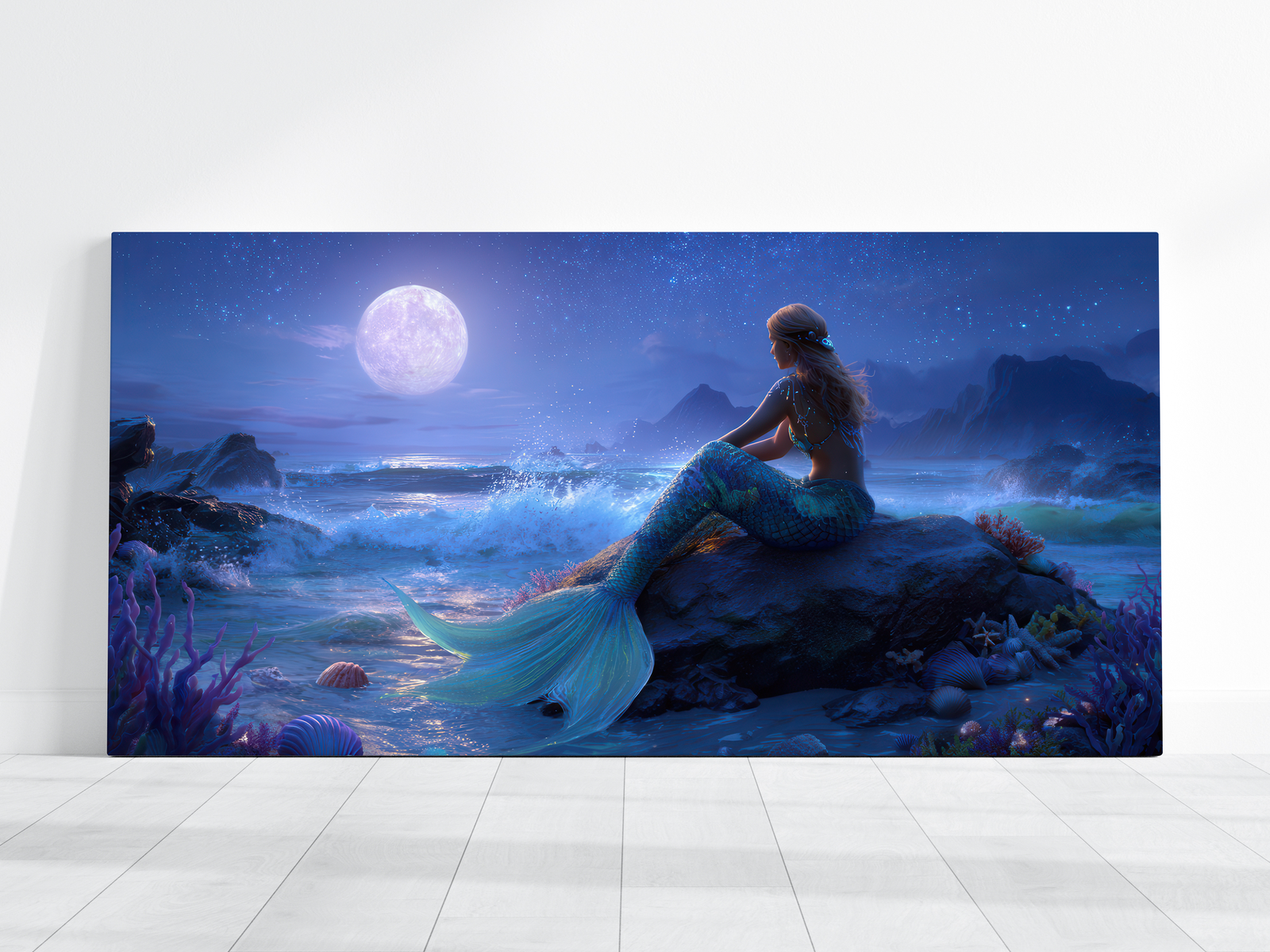 Mermaid Decor, Colorful Mermaid Art Large Canvas, Majestic Creature Fantasy Art Print, Ocean Beauty, Moonlit Mystical Sea Siren Drawing