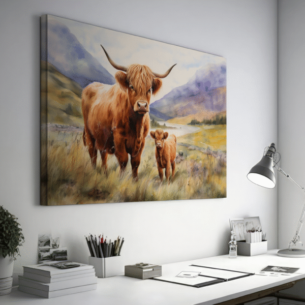 Highland Cow Wall Art | Scottish Highland Cow and Calf Print | Rustic Farmhouse Animal Painting | Country Wall Decor for Living Room & Home