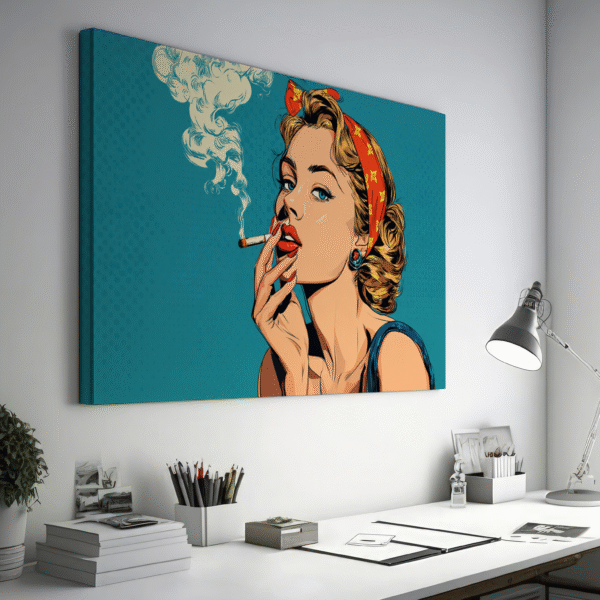 Retro Pop Art Woman Smoking, Bold Vintage Style Comic Print, Stylish Red Lipstick Lady Bandana Blue Modern Wall Decor, Cartoon Girl Canvas