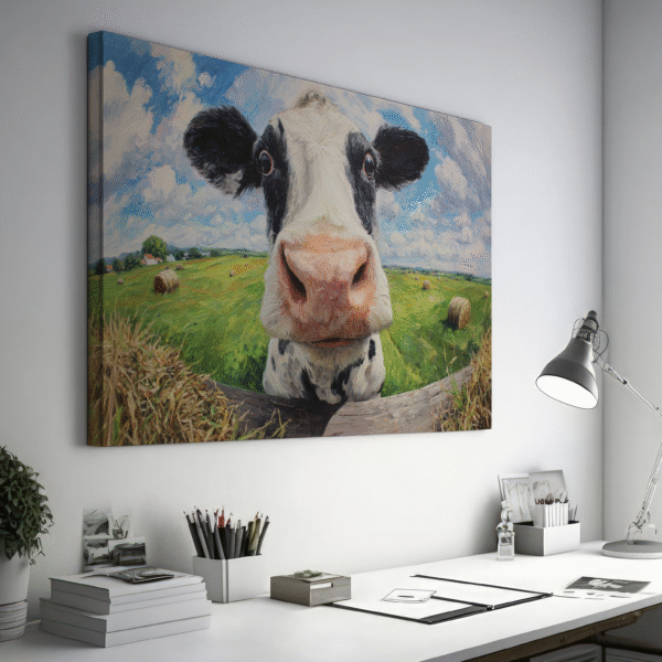 Funny Cow Wall Art, Playful Farmhouse Canvas, Animal Painting, Rustic Kitchen Living Room Decor, Cute Cow Portrait Poster Country Homes