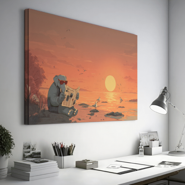 Funny Elephant Poster, Elephant Reading Newspaper on Beach at Sunset, Cute Animal Wall Art Print, Nursery Living Room Painting Canvas