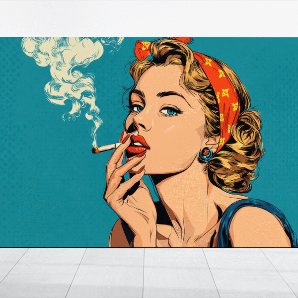 Retro Pop Art Woman Smoking, Bold Vintage Style Comic Print, Stylish Red Lipstick Lady Bandana Blue Modern Wall Decor, Cartoon Girl Canvas